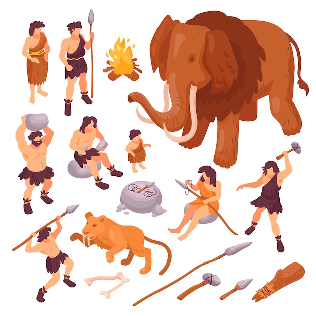 Free vector isometric set of icons with primitive people their weapons and ancient animals isolated on white background 3d  illustration