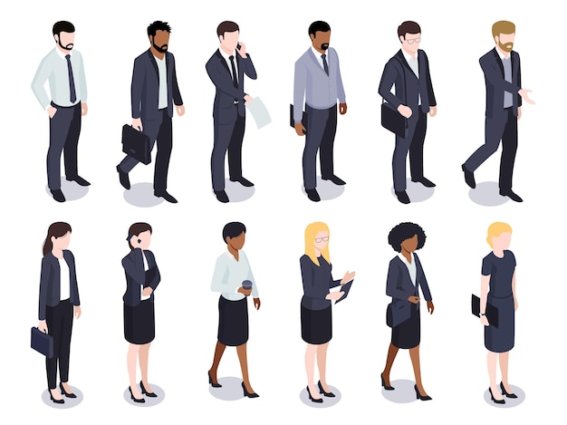 Isometric set of isolated businessmen businesswomen male and female faceless characters wearing costumes on white