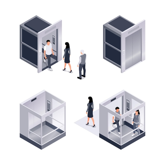 Free vector isometric set of isolated icons with human characters stepping into elevator glass cabs on blank background vector illustration