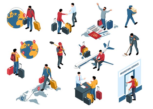 Isometric set of migrant workers travelling with suitcases and doing work isolated 3d vector illustration