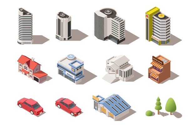 Free vector isometric set of modern city elements with buildings vehicles trees isolated on white background 3d vector illustration