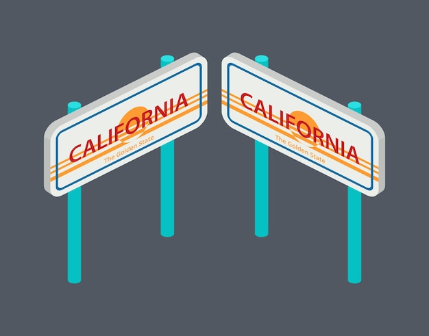 Изометрический набор столбов со стрелками, указывающими направление калифорнии на карте. векторная иллюстрация.