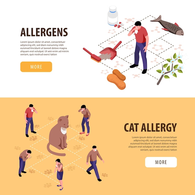 Изометрический набор из двух горизонтальных баннеров с людьми, страдающими аллергией на кошек и другими аллергенами, 3d изолированные