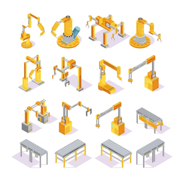 Изометрические набор желто-серых конвейерных машин с роботизированной рукой для сварки или упаковки, изолированных векторная иллюстрация