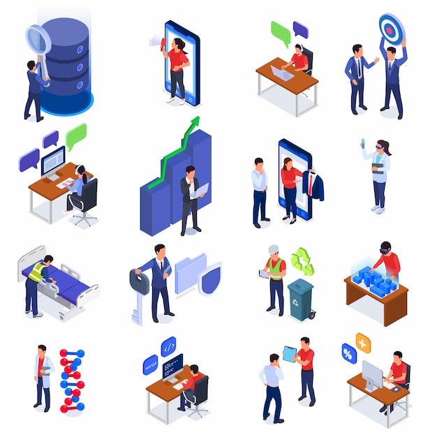 Free vector isometric set of people occupied with modern and future professions isolated vector illustration