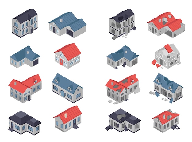 Free vector isometric set of rustic and village buildings before and after cataclysm or war isolated vector illustration