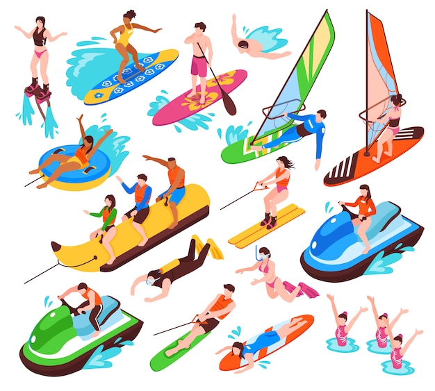 Isometric set of summer water active recreation so as banana boat surfing windsurfing jet skiing flyboarding isolated