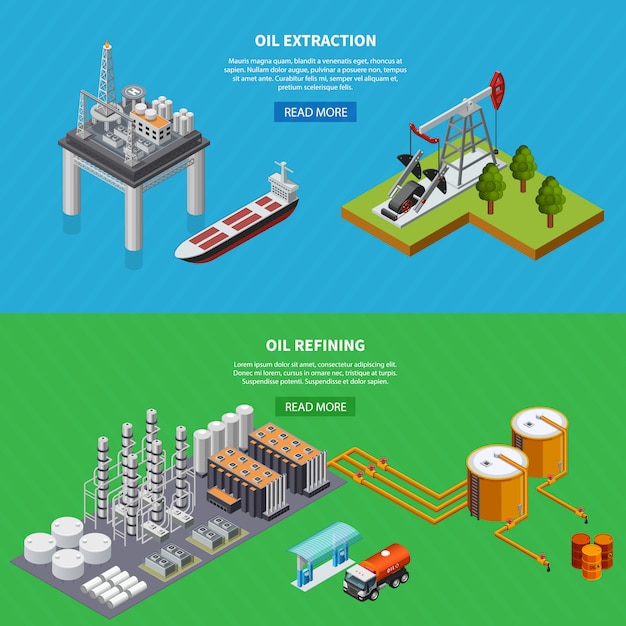 Isometric set of two horizontal banners with oil industry refining and extraction equipment