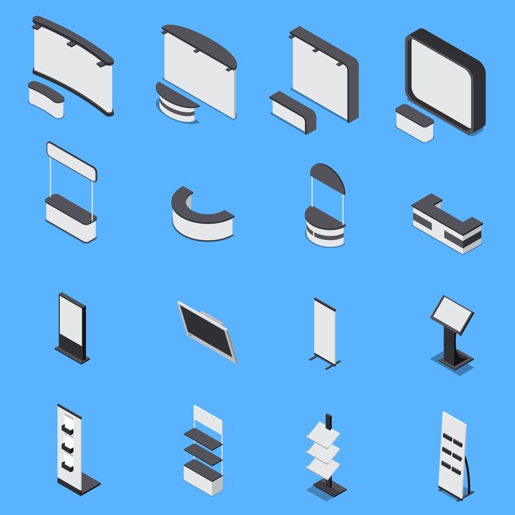 Free Vector isometric set of various exhibition stands and shelves isolated on blue background 3d 