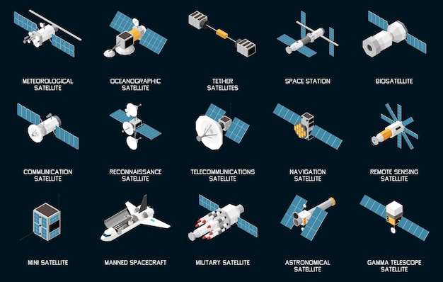 Free vector isometric set of various types of satellites and spacecrafts isolated against black background 3d vector illustration