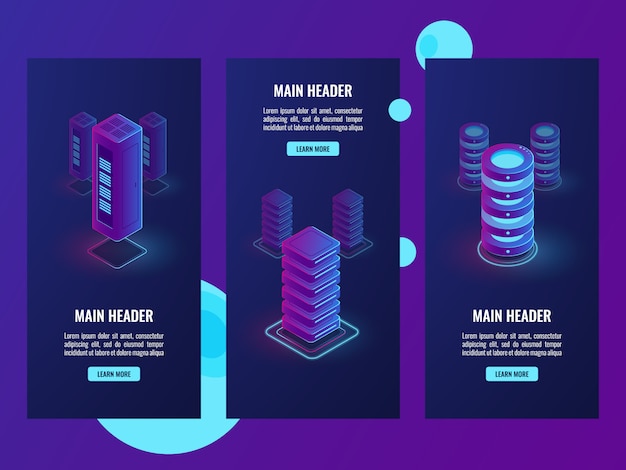 Isometric set vertical banner, server room, data center and cloud storage, database warehouse