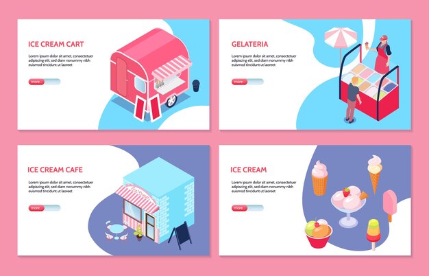 Isometric set of web banners with ice cream cart cafe vendor