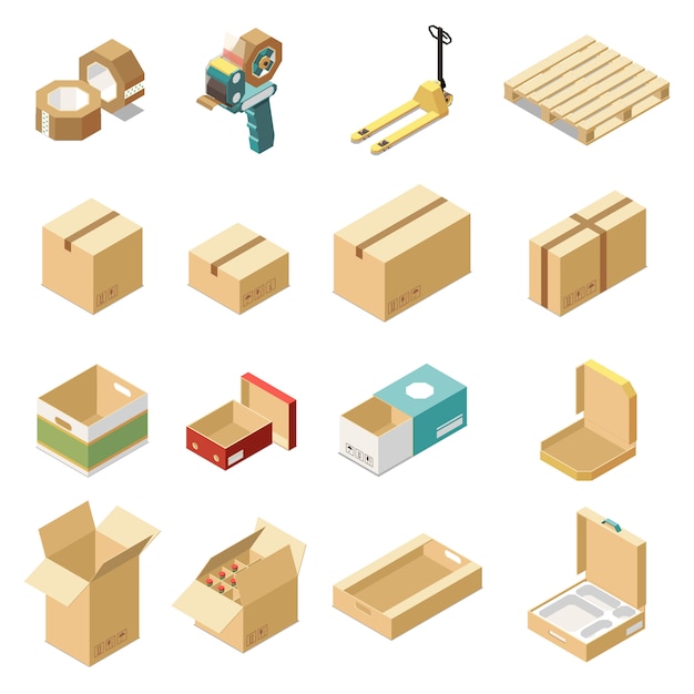 Insieme isometrico con scatole di cartone per vari tipi di merci e prodotti isolati