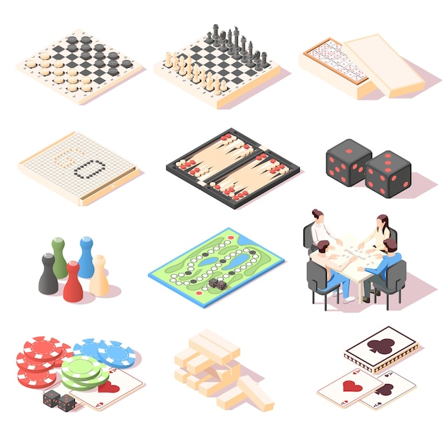 Free vector isometric set with colorful 3d icons of different board games equipment and people playing dominoes isolated vector illustration