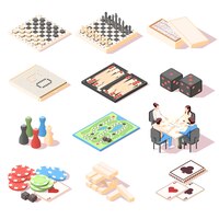 isometric set with colorful 3d icons of different board games equipment and people playing dominoes isolated vector illustration