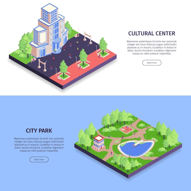 Isometric set with cultural center and city park descriptions illustration