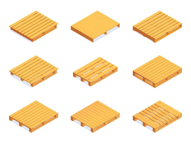 Изометрический набор деревянных желтых значков поддонов для доставки изолированных векторных иллюстраций