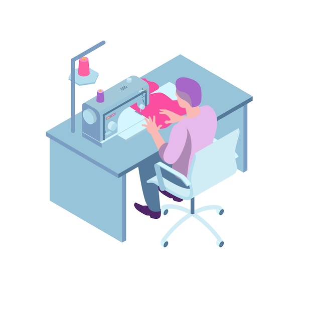 Free vector isometric sewing workshop  composition with worker sitting in chair at table with sewing machine  illustration