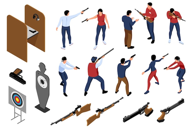 Isometric shooting range icon set with isolated human characters images of guns and targets with holes vector illustration