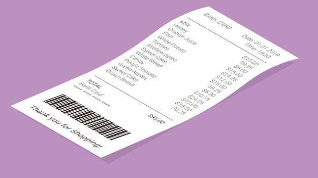 Isometric shop receipt, paper payment bill