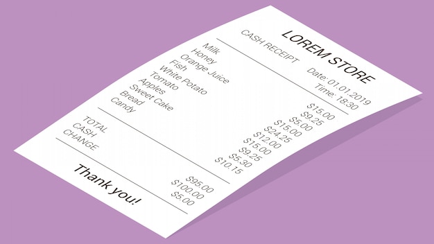 Isometric shop receipt, paper payment bill