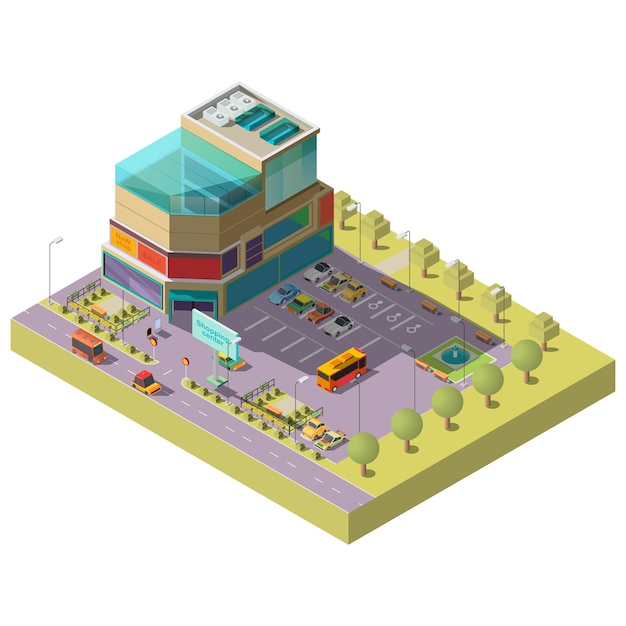 isometric shopping center with parking area