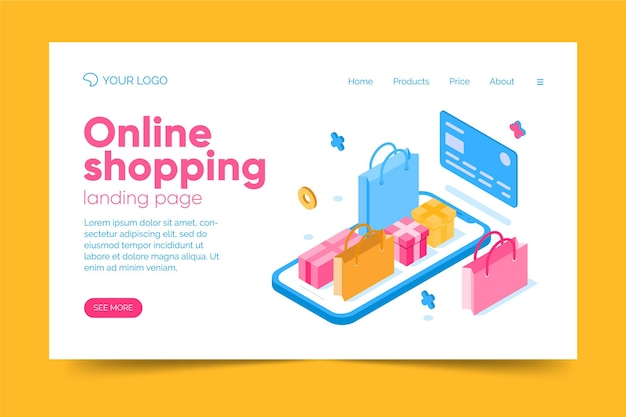 Free vector isometric shopping online landing page template