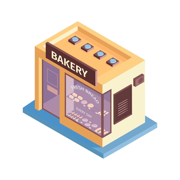 Изометрическая композиция магазинов с изолированным изображением здания пекарни на пустой векторной иллюстрации фона