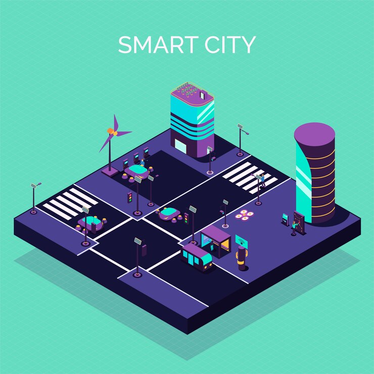 Free Vector isometric smart city composition with view of futuristic street with modern buildings and electric cars vehicles vector illustration