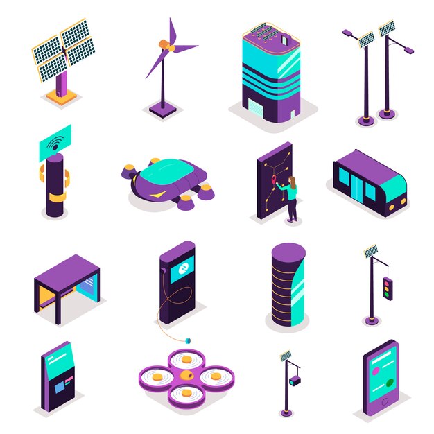 Изометрические умный город технологии набор изолированных иконок с терминалами и футуристические устройства с электростанциями векторная иллюстрация