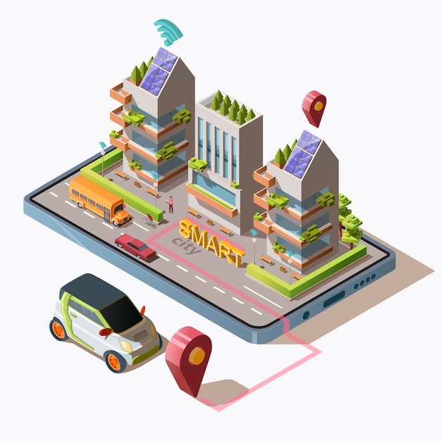 Isometric smart city with car, road, people, green eco friendly modern buildings and transportation on smart phone. Business center with solar panels on rooftop, illustration.