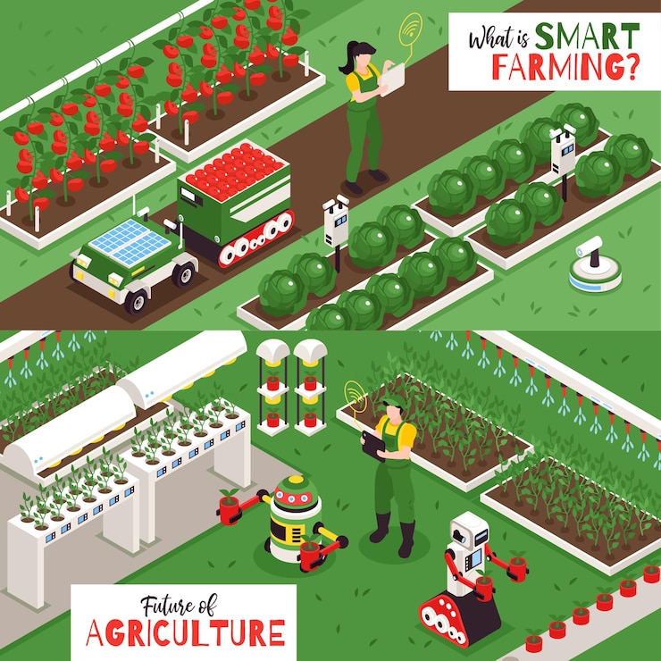 Free Vector isometric smart farm composition and human characters illustration