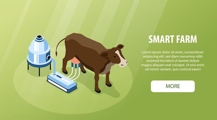 Free Vector isometric smart farm horizontal banner with automatic cow milking and big headline vector illustration