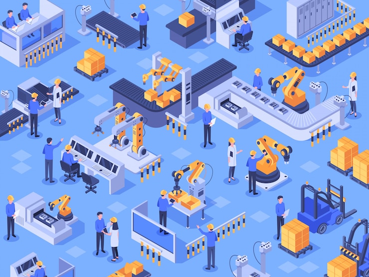  Isometric smart industrial factory. automated production line, automation industry and factories en