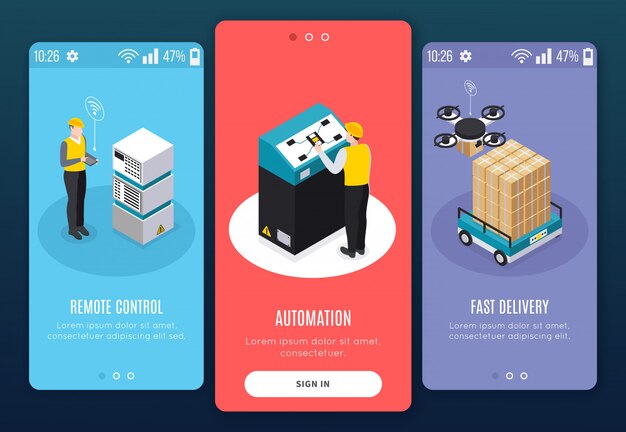 원격 제어 자동화 및 빠른 배달 헤드 라인 벡터 일러스트 레이 션 설정 아이소 메트릭 스마트 산업 배너