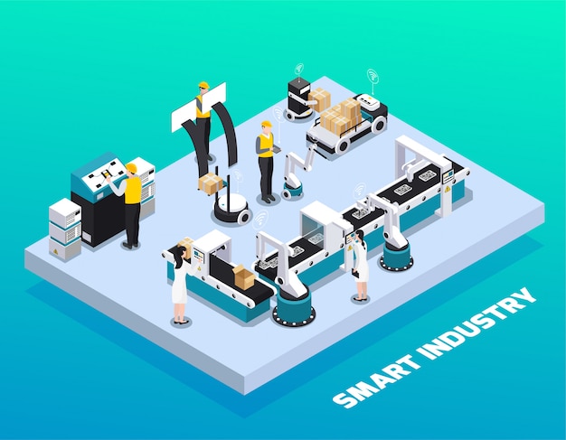 Free vector isometric smart industry colored composition with production and packaging at smart factory vector illustration