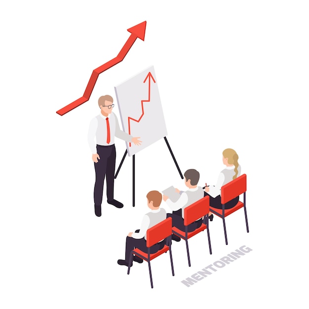 Isometric soft skills concept icon with three characters listening to their mentor