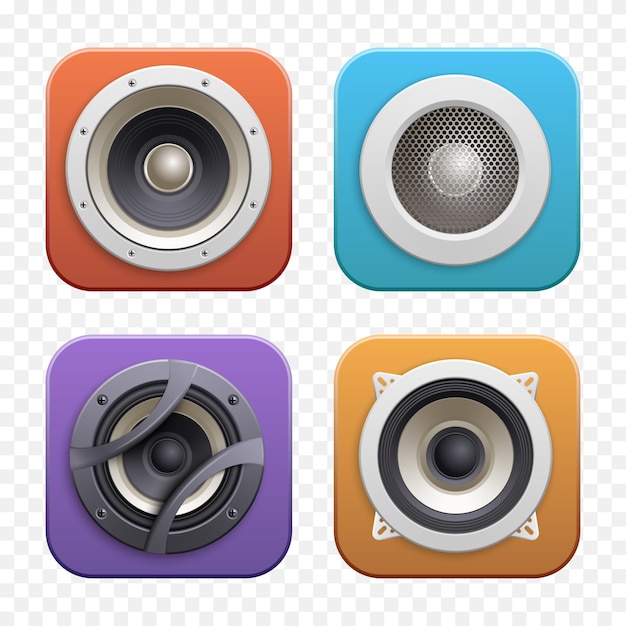 Isometric sound audio music speakers icon set four different speakers with different sound styles and colors vector illustration