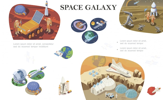 Isometric space exploration composition with astronauts meeting with aliens cosmic bases shuttle rover rocket on different planets