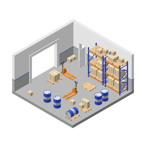 Isometric storage, factory warehouse, logistic, delivery storehouse with shelves, boxes