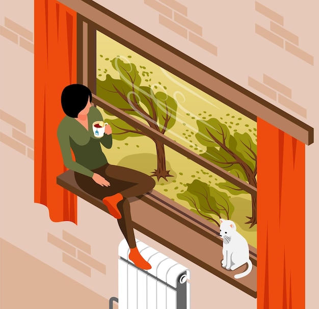 Free vector isometric storm weather colored composition girl and her cat sit at home on the window sill and watch the strong wind outside the window vector illustration