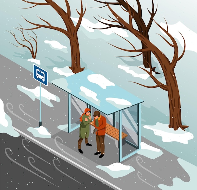 Free vector isometric storm weather composition couple escaping the strong wind and snow under roof of bus stop vector illustration