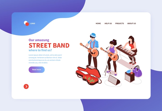 Free vector isometric street musician concept web site landing page template with images text and clickable links