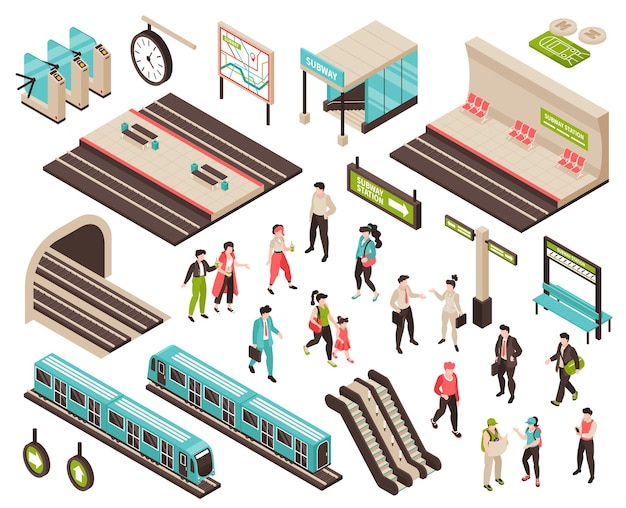 기차 플랫폼과 에스컬레이터의 대기 승객의 고립된 캐릭터로 설정된 아이소메트릭 지하철 사람들