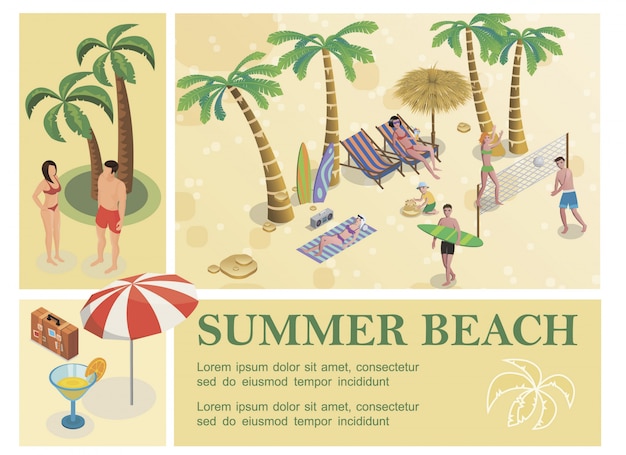 Isometric summer vacation composition with cocktail umbrella baggage palm trees people rest on tropical beach