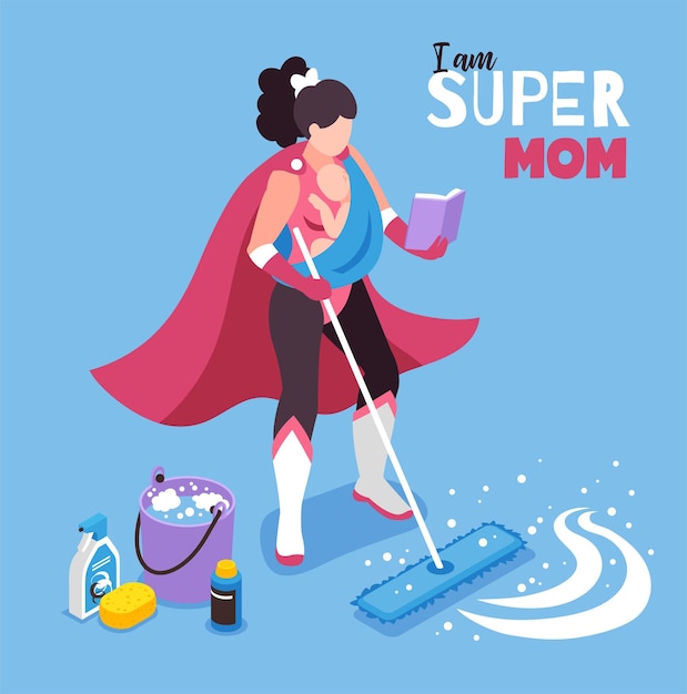 無料ベクター クリーニング機器とテキストでスーパーヒーローの衣装を着た女性のキャラクターと等尺性のスーパーママのイラスト