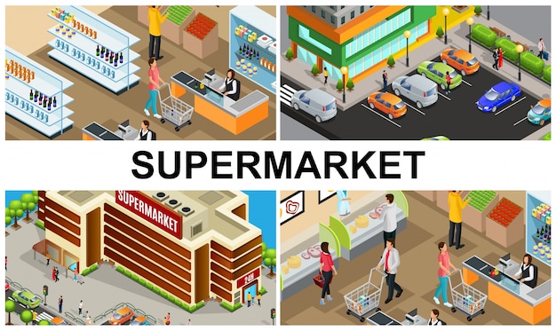 ショッピングモールの建物の近くの駐車場の店のレジで商品を購入する人々と等尺性のスーパーマーケットのカラフルな構成