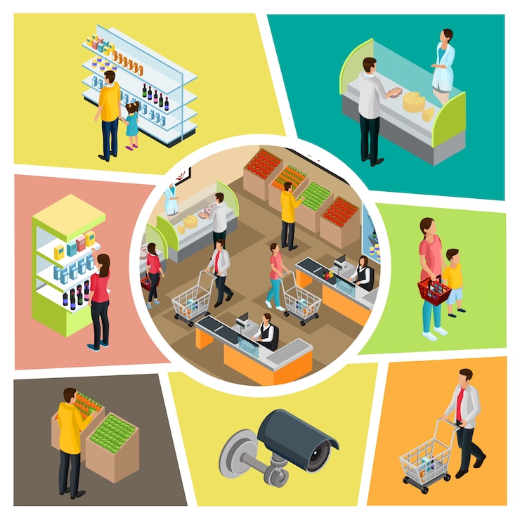 Free Vector isometric supermarket colorful composition with security surveillance camera people choosing and buying different products isolated