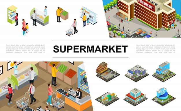 Изометрическая композиция супермаркета с экстерьерами зданий торговых центров, парковкой автомобилей, покупателями разных товаров