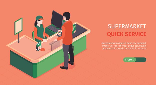 Isometric supermarket horizontal banner with character of cashier at counter with client